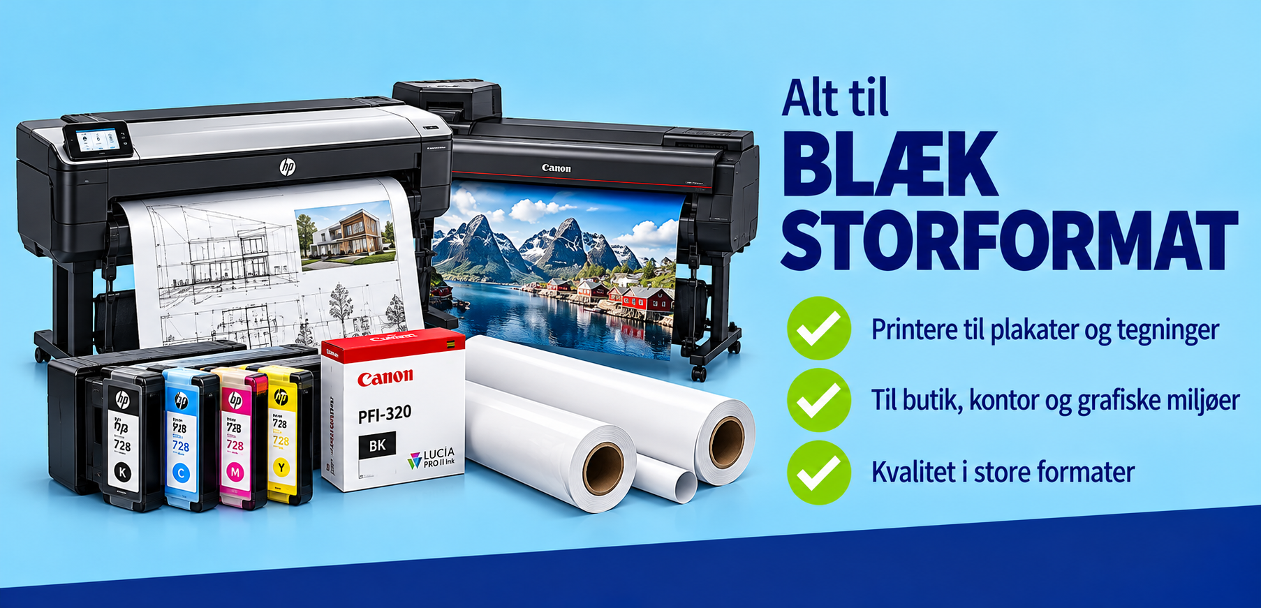 Blæk til storformatprintere fra Canon, Epson og HP